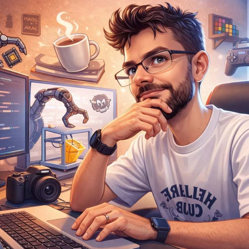 Ilustração estilizada de Willian Soares em seu ambiente de desenvolvimento, cercado por referências tech e geek
