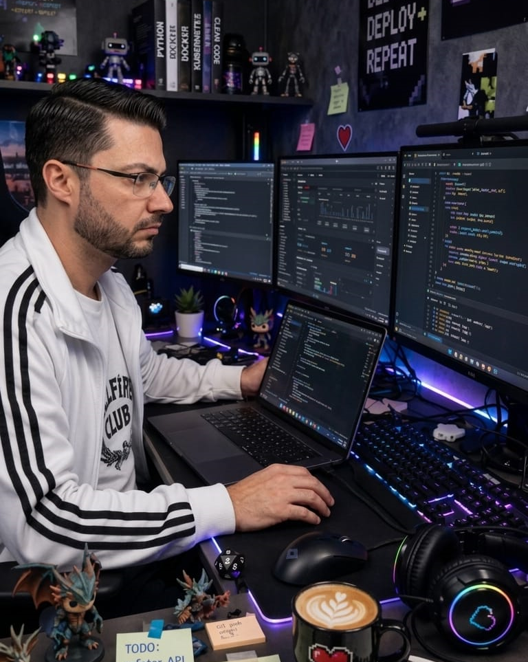 Willian Soares trabalhando em seu setup de desenvolvimento, com múltiplos monitores exibindo código